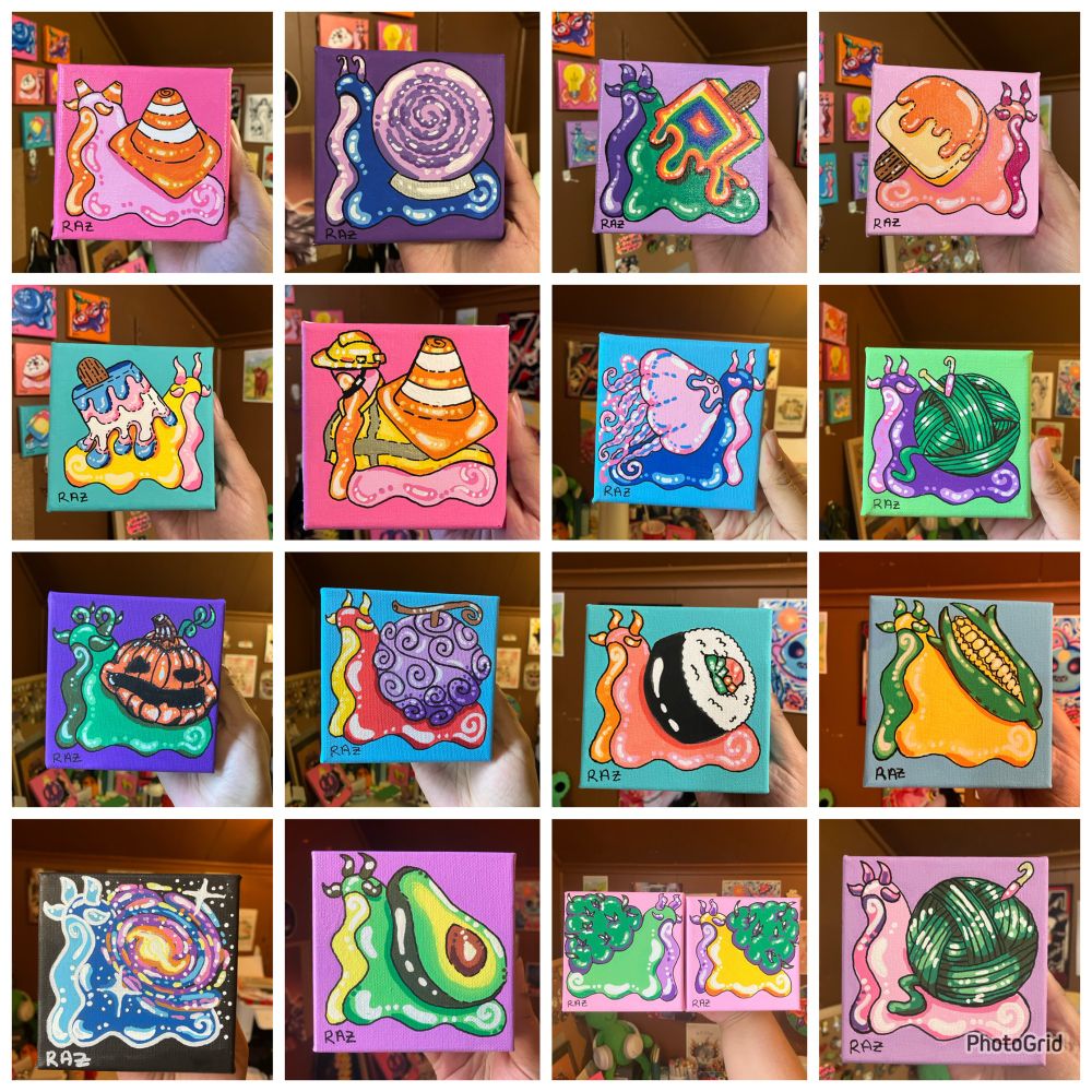 16 pictures of assorted stylized snail paintings 