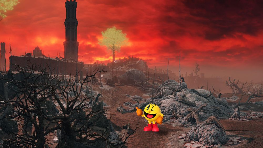 Pac-Man standing in the middle of Caelid from Elden Ring