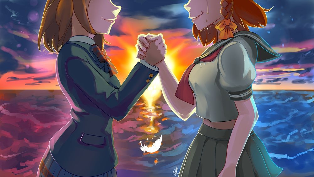 Honoka and Chika doing the "Predator" handshake across a sunset blue and pink ocean. Chika is crying, and a feather is falling between the middle of them