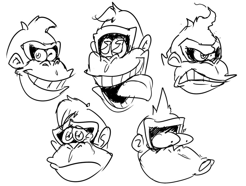 Donkey Kong making various expressions: regular, "in love" (with banana), angry, sad and pog