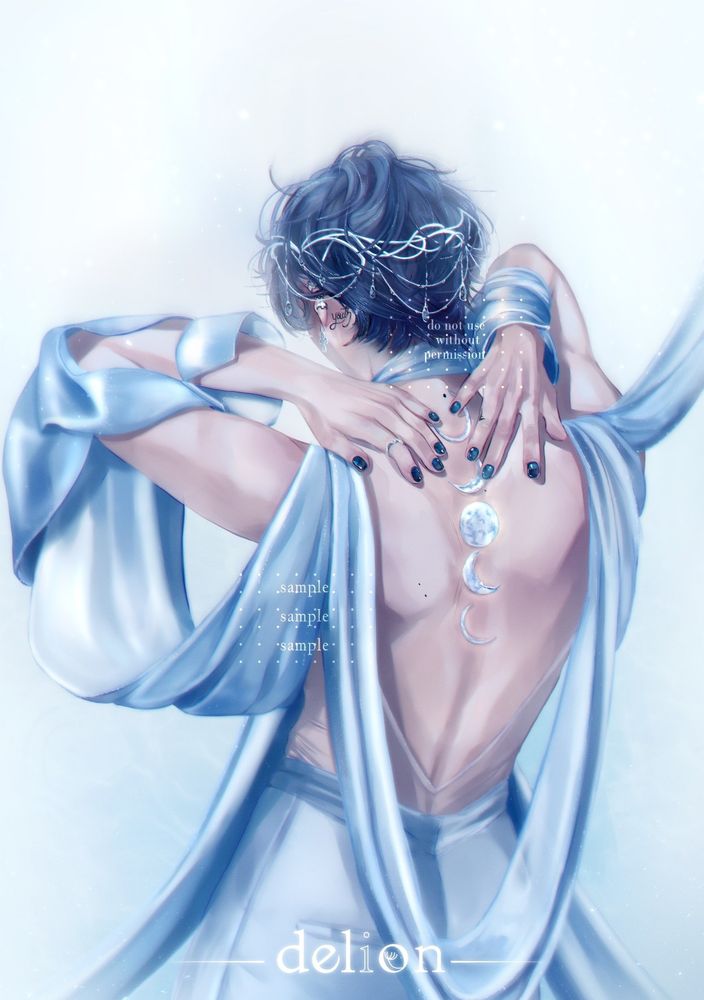 Digital illustration of Park Jimin of BTS exposing his back moon tattoos.
He's wearing a silver wire-like crown decorated with tiny transparent pendants. 
His tattoos glow softly
The color palette is a soft light blue tone.