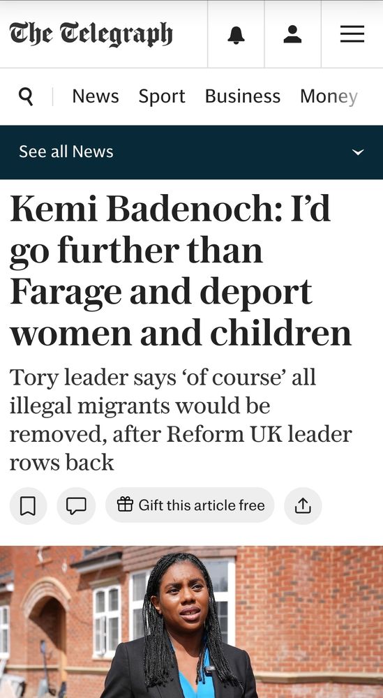 News article. Headline: Kemi Badenoch: I'd go further than Farage and deport women and children.
