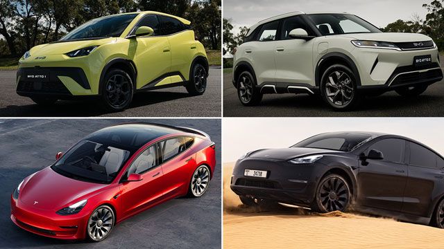 A montage of a 2023 BYD Atto 1, 2023 BYD Atto 2, 2023 Tesla Model 3 and 2023 Tesla Model Y