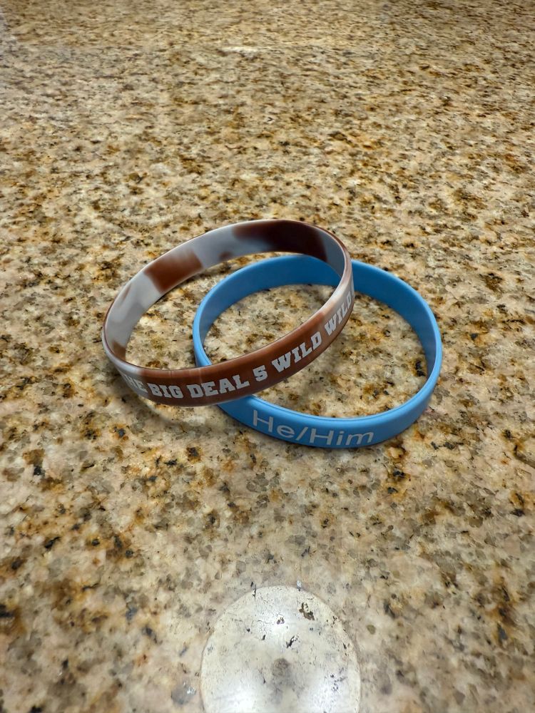 Two bracelets laying on top of a counter. Bracelet 1 is brown and white and says The Big Deal 5 Wild Wild Steps and Bracelet 2 is blue and says he/him