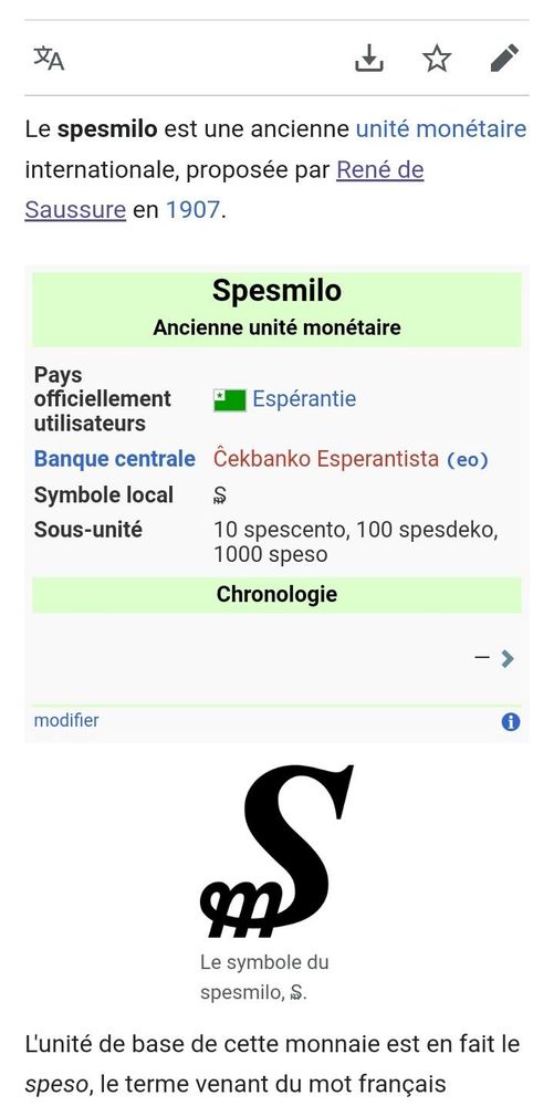 Page wikipédia du spesmilo, une ancienne unité monétaire internationale, proposée par René de Saussure en 1907.
