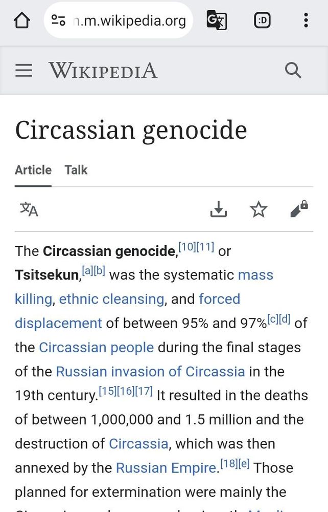 The Circassian genocide,[10][11] or Tsitsekun,[a][b] was the systematic mass killing, ethnic cleansing, and forced displacement of between 95% and 97%[c][d] of the Circassian people during the final stages of the Russian invasion of Circassia in the 19th century.[15][16][17] It resulted in the deaths of between 1,000,000 and 1.5 million and the destruction of Circassia, which was then annexed by the Russian Empire.[18][e] Those planned for extermination were mainly the Circassians, who are predominantly Muslims, but other ethnic groups in the Caucasus were also affected, as part of the Caucasian War.[16] The Imperial Russian Army also impaled their victims and tore open the bellies of pregnant women to intimidate the Circassians and devastate their morale