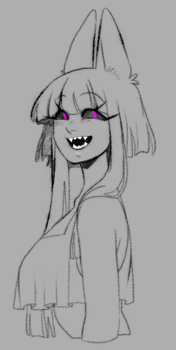 A waist up pencil-brush sketch of an alien shapeshifter named May. She's wearing a crop-top and smiling open-mouthed at the camera.