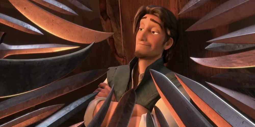 Flynn Rider from Tangled, with many knives pointing his way