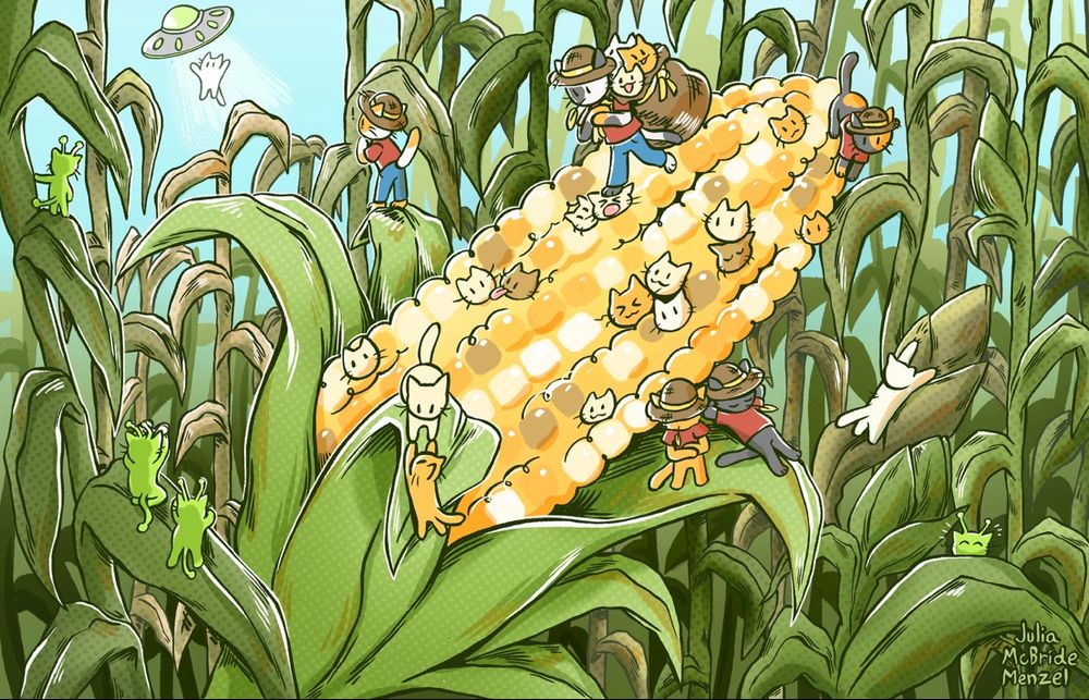 Cats running all over a giant ear of corn in a cornfield. There’s green alien cats in the background. 