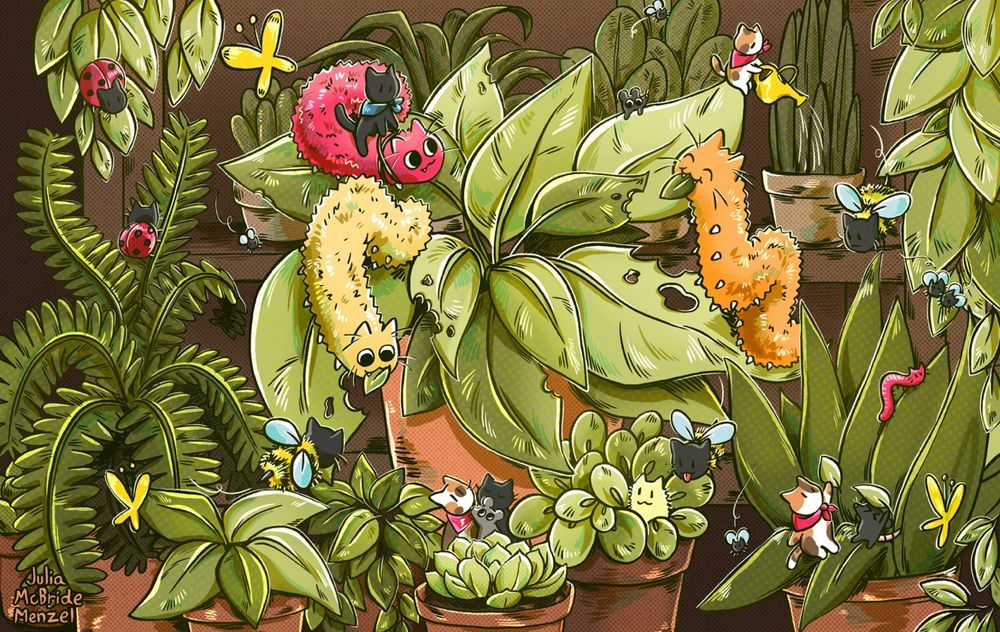Cats surrounded by plants and cat-erpillars 