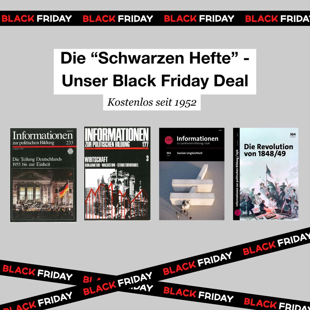 Ein grauer Hintergrund, oben und unten sind schwarze Balken mit der Aufschrift "Black Friday". Mittig vier Ausgaben der schwarzen Hefte. Darüber steht: Die Schwarzen Hefte - Unser Black Friday Deal.  
