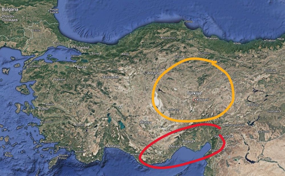 A topographical map of Anatolia with Cilicia circled in red and Cappadocia circled in orange. The modern Turkish city of Kayseri is marked (ancient Caesarea in Cappadocia).