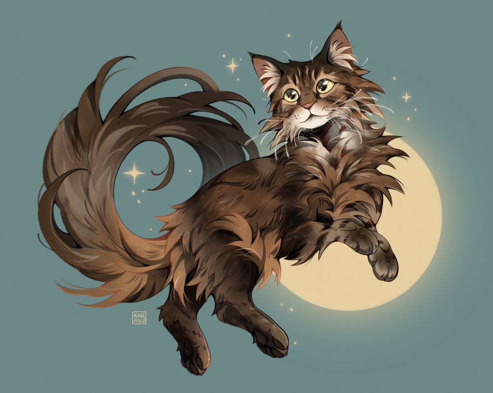 Zeichnung einer flauschigen Maine Coon Katze mit braunem Fell, am Kinn und Mäulchen weiß, auf der Stirn getigert; mit gelben Augen vor einem Vollmond mit Sternen.