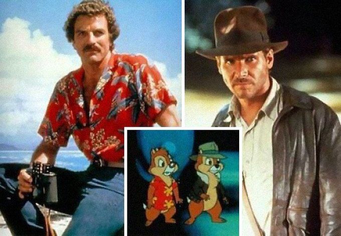 Images of Disney’s animated characters, Chip & Dale, wearing the same outfits as Tom Selleck in Magnum P.I. And Harrison Ford in Indiana Jones. 