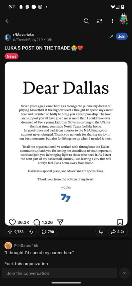 Letter from Luka to Dallas on his Mav to Lakers trade. 