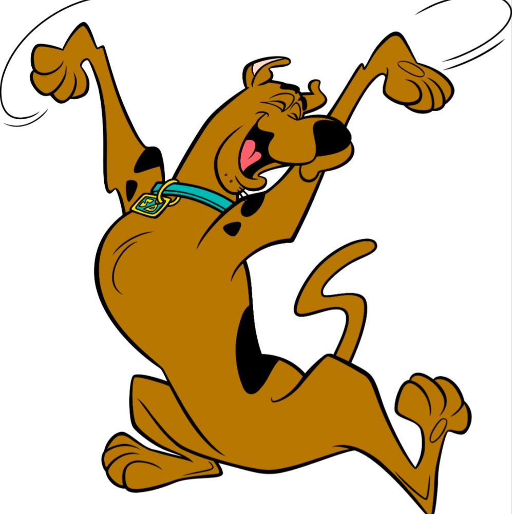 Scooby Doo. Animated dog. Great Dane with black spots. Wearing a green collar. Striking a sort of pose between a full stretch yawn and a TA-DAAA!
