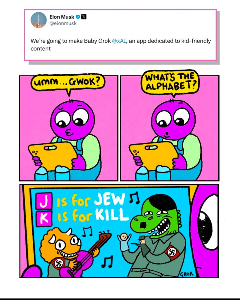  Comic by smooth dunk. Young child is looking at an iPad with a dinosaur Hitler and a dinosaur Nazi playing the guitar and singing "J is for Jew, K is for Kill."