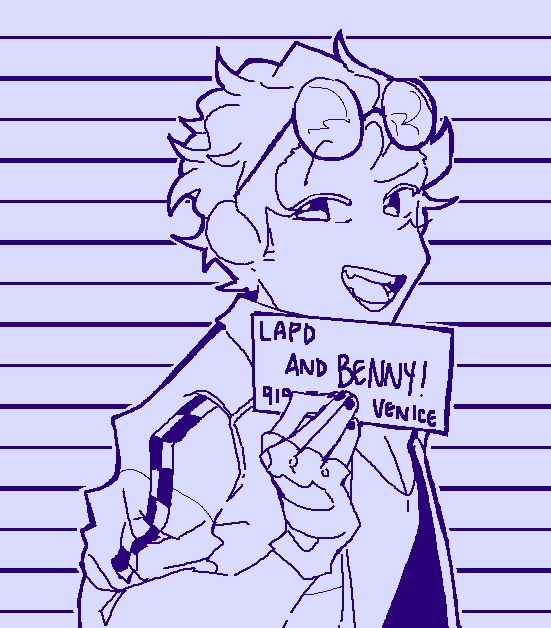 this is a drawing of benny from jackpot crash course, he is doing the same pose as ken in the barbie movie trailer where he poses for the mugshot. he looks cocky and i want to run him over.