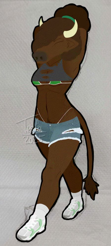 A digital drawing of a anthropomorphic bison/bull woman stretching with her eyes closed. She is wearing a cut crop top with shorts and some trainers. It seems that there is a bikini under all that clothing