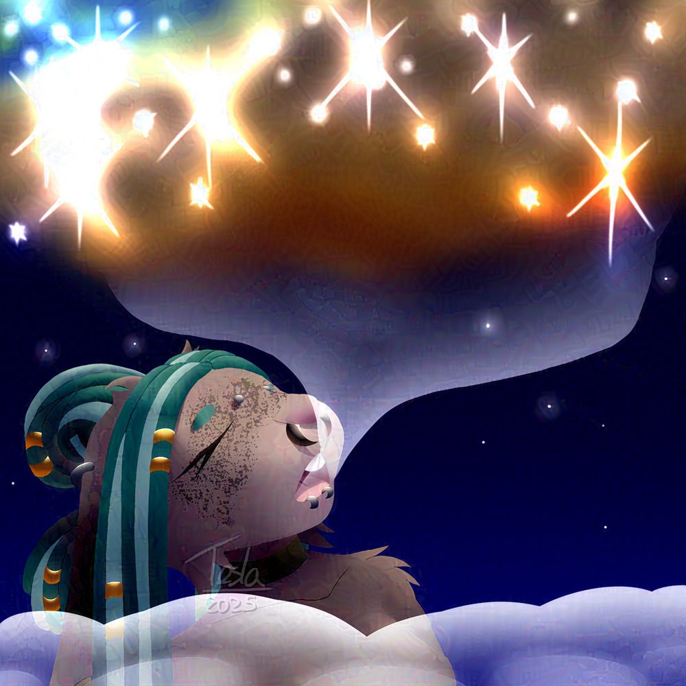 A headshot of an anthro english lop rabbit with a starry background, her mouth is releasing smoke that is turning into a nebulose