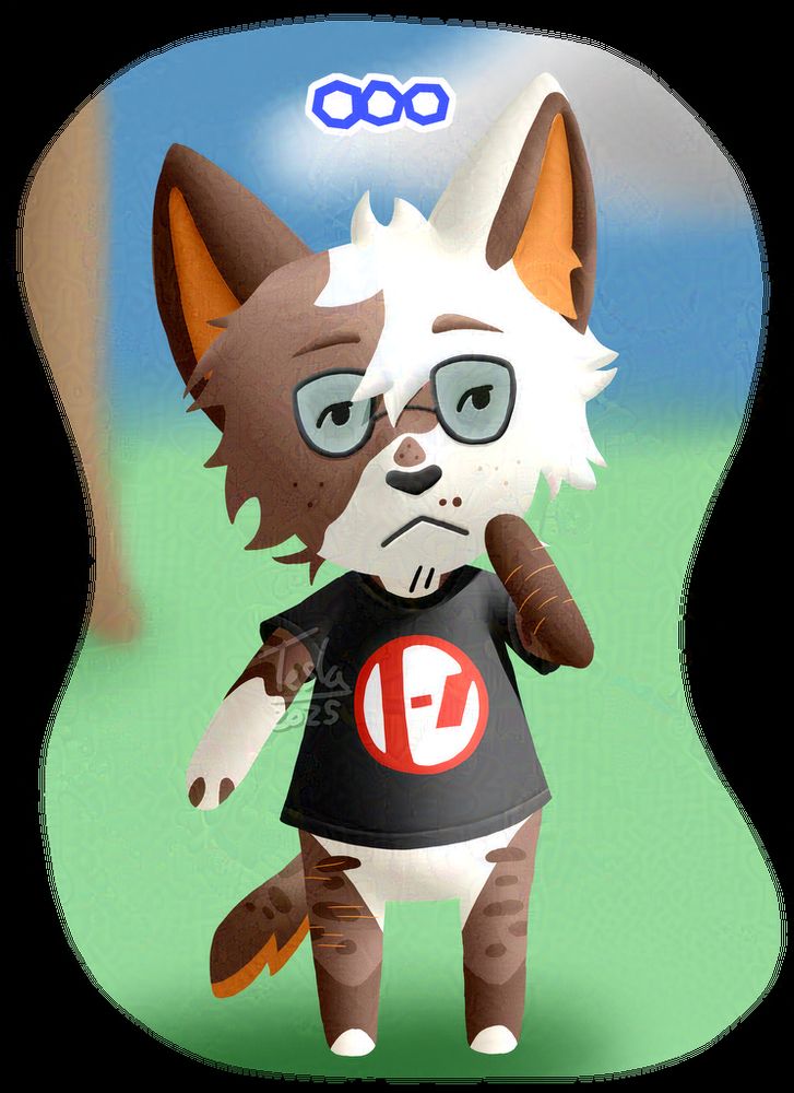 A full body of Kayakedamono's fursona Keda as an Animal Crossing villager thinking deeply