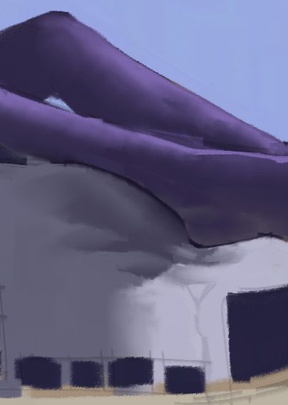 a foot belonging to an unknown purple anthro resting on a building, making fleshy indents and folds as the heel presses into it