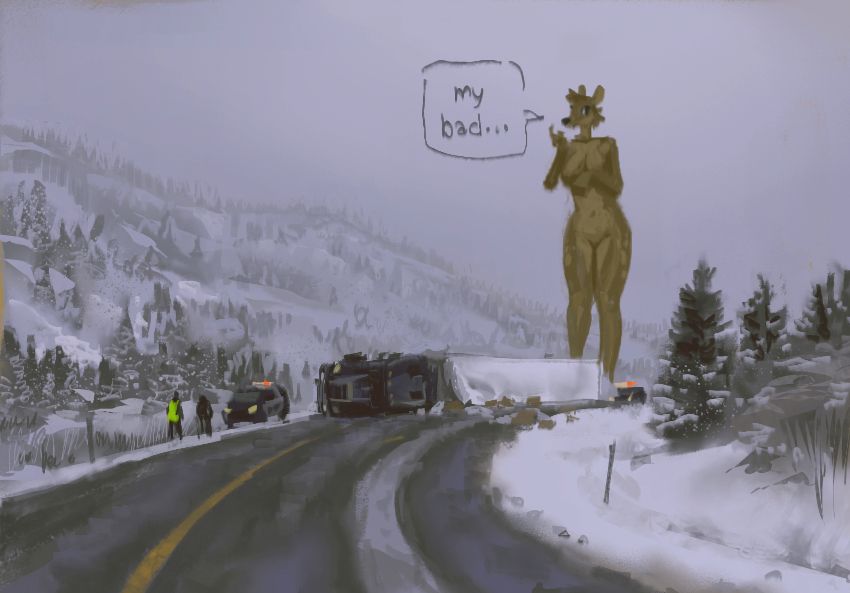 a giant anthro doe lady standing awkwardly behind a freight truck flipped on it's side among a couple police vehicles in the scene, somewhere in a snowy environment. she utters out, embarrassed, "my bad..."