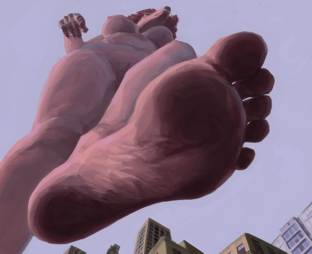 digital artwork of a massive furry canine giantess with pink fur, her enormous sole looming over the city.