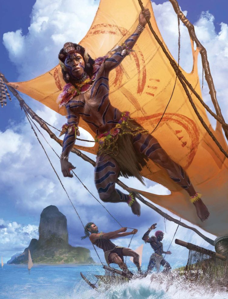 Boatman hanging from the sail of a wooden boat. Art by L.A Draws.