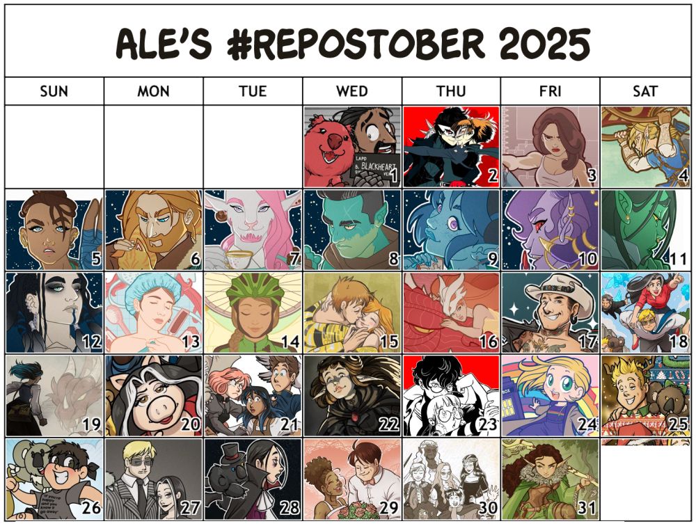 an October calendar with a small crop of each illusyration placed in each day, for the 31 days of October.