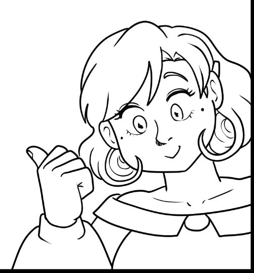 Robin, from Side Quested, pointing to her back with her thumb. It's a black and white lineart.