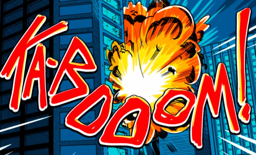 A very comics styled sound effect saying "KA-BOOOM!", over what looks to be a building blowing up.