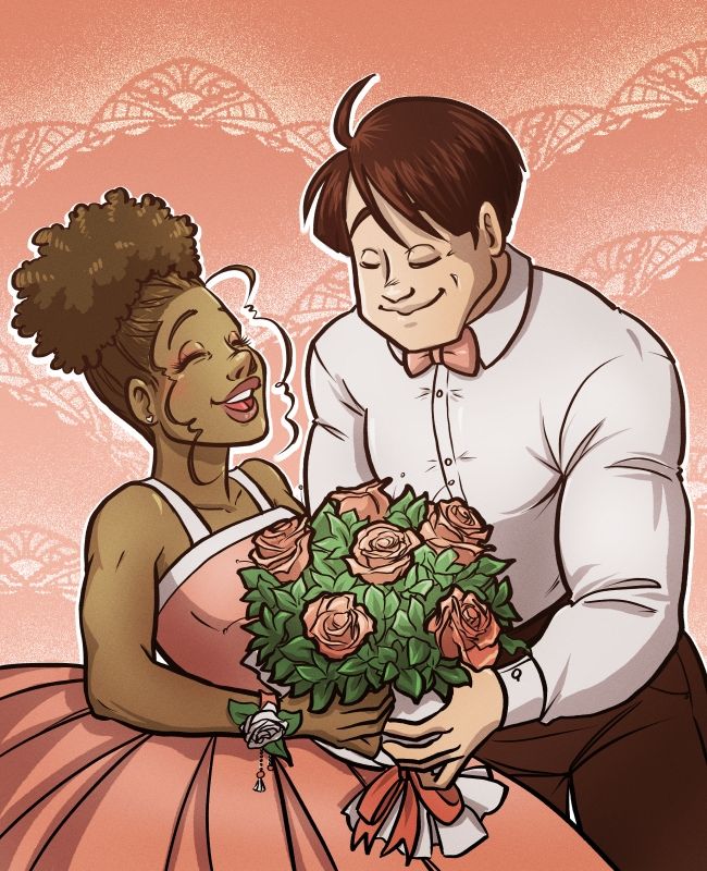 Avery and Tate, probably going to prom. He is giving her a bouquet of roses matching her dress.