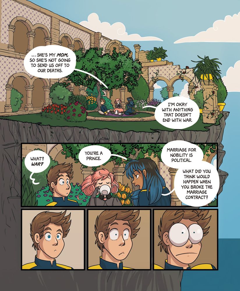 A page from Side Quested. The three kids are chatting at the Deepsea's Queen (beautiful) cottage garden about how royalty's weddings are political and might lead to war.