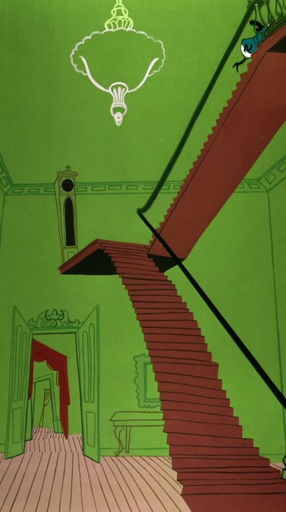A Chick Jones background art with some crazy ass stairs, vibrant green walls and non existent perspective. So cool.