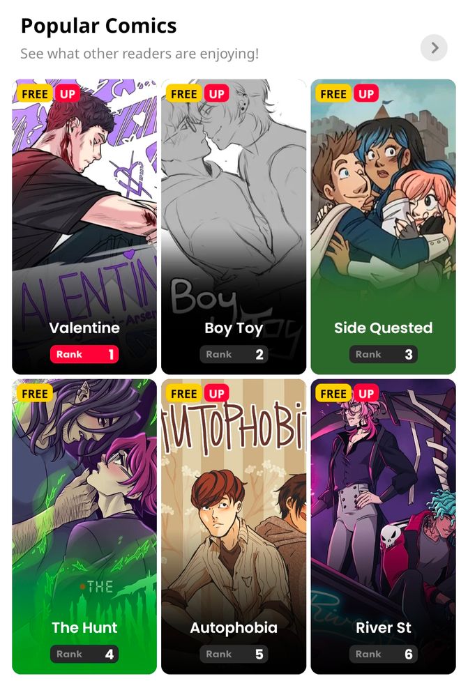 The 6 most popular comics on tapas, being Side Quested the 3rd. They all look very gay.