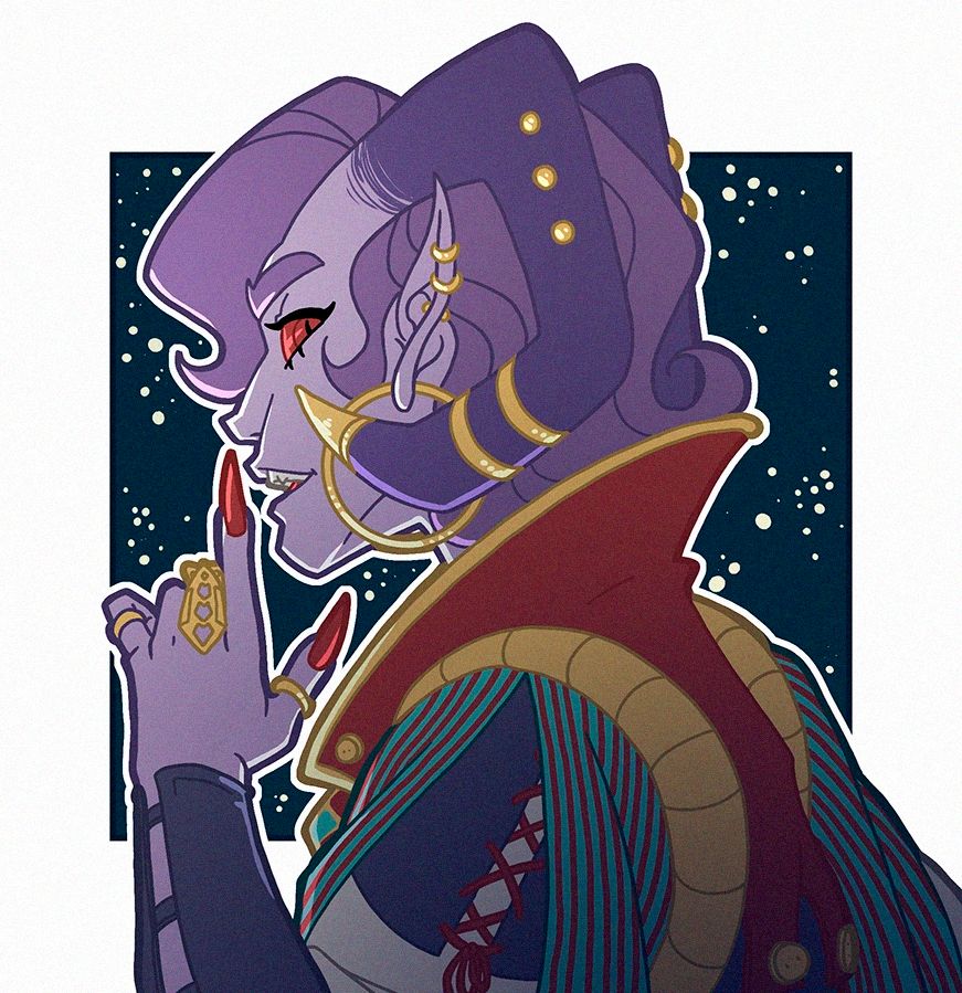 Fanart of Mollymauk with a started sky behind them.