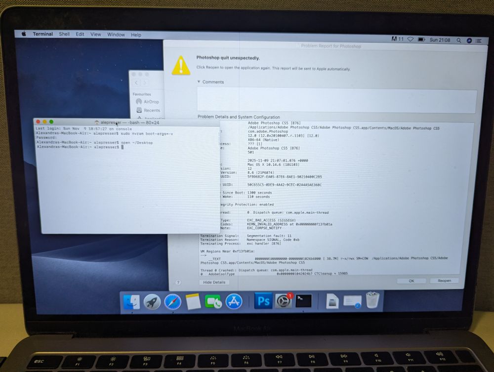 Photo of my screen with a Photoshop error window, plus the terminal.