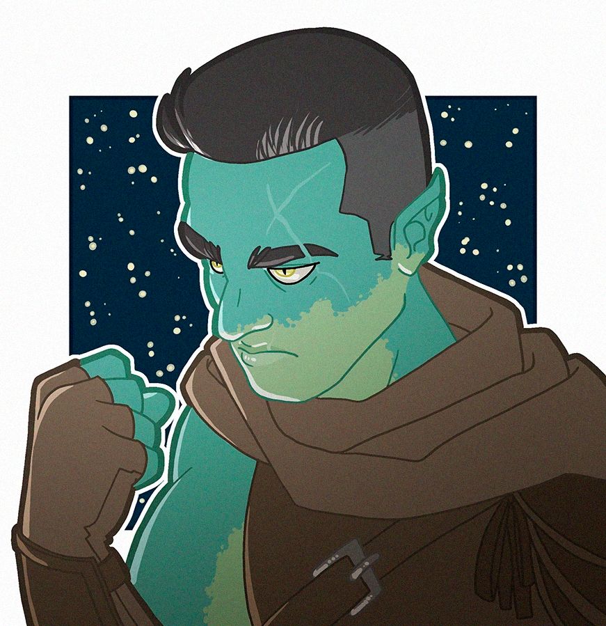 A Fanart of Fjord, making a fist, looking slightly angry.