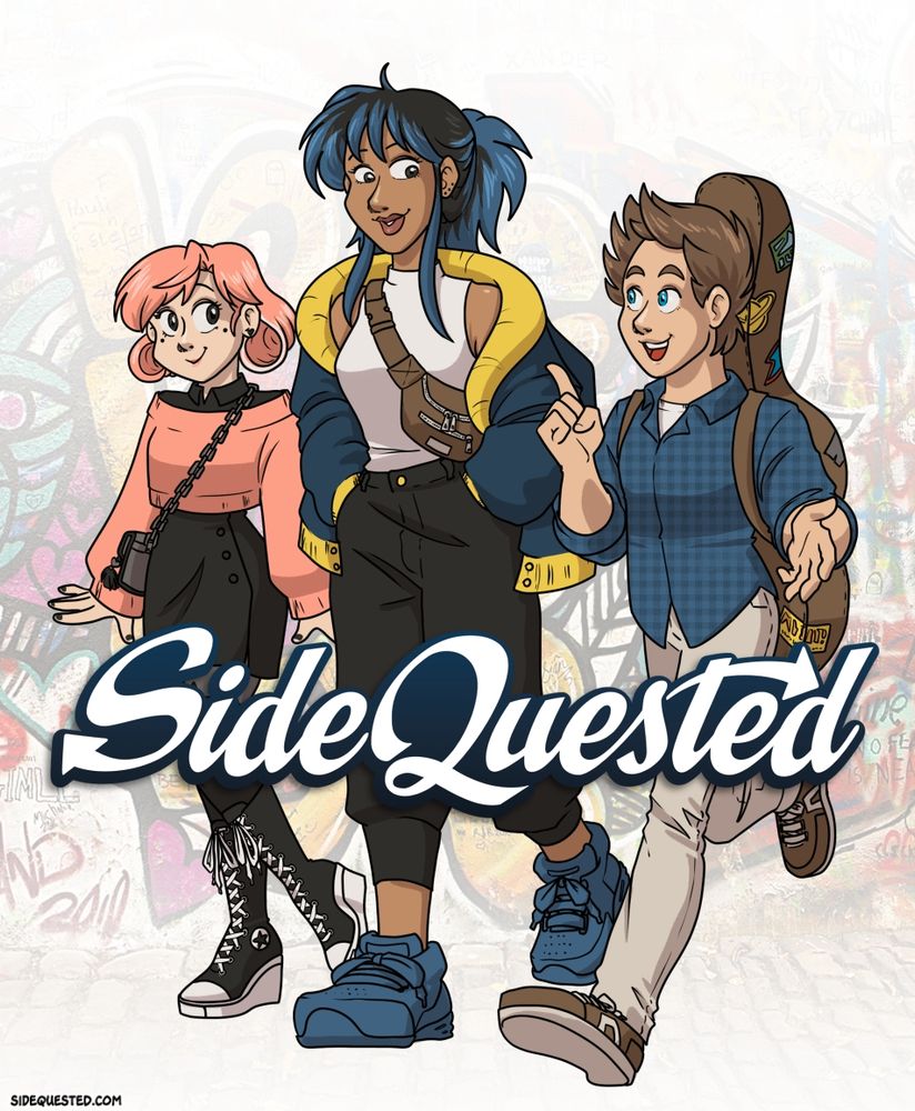 The three protagonists of Side Quested, but in modern outfits. Robin is in a cute black mini skirts, high top Converse AllStars with heels, a side tiny purse and a pink cropped sweater. Charlie is in joggings, a bomber jacket in blue and yellow, and wearing a side purse underneath it. Leo is in a beige pair of jeans, a blue plaid shirt, and has an acoustic guitar case on his back. They are all walking and smiling.
