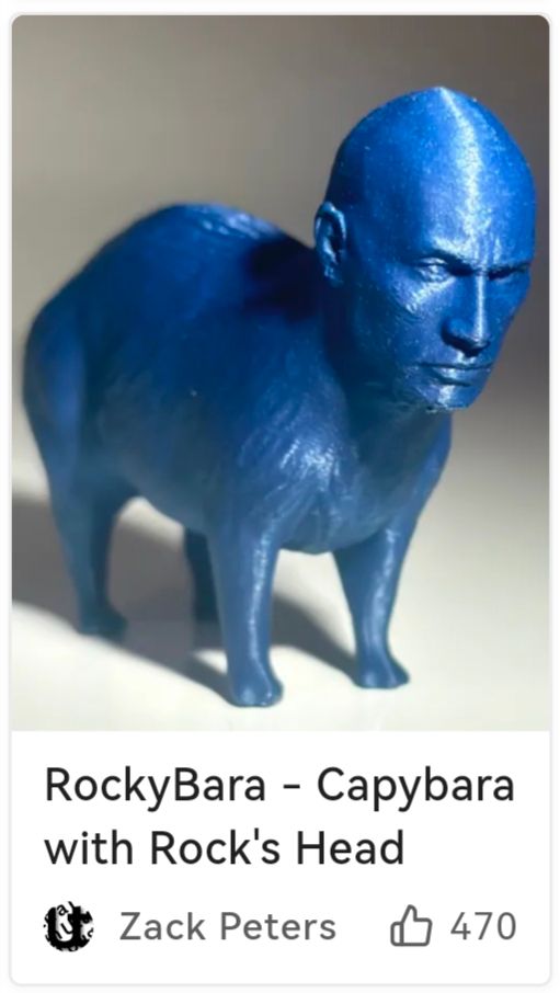 Another weird statue from makersworld, this one is a capybara body with the Rock's head. Y'know, the actor? Yes. And it's all blue.