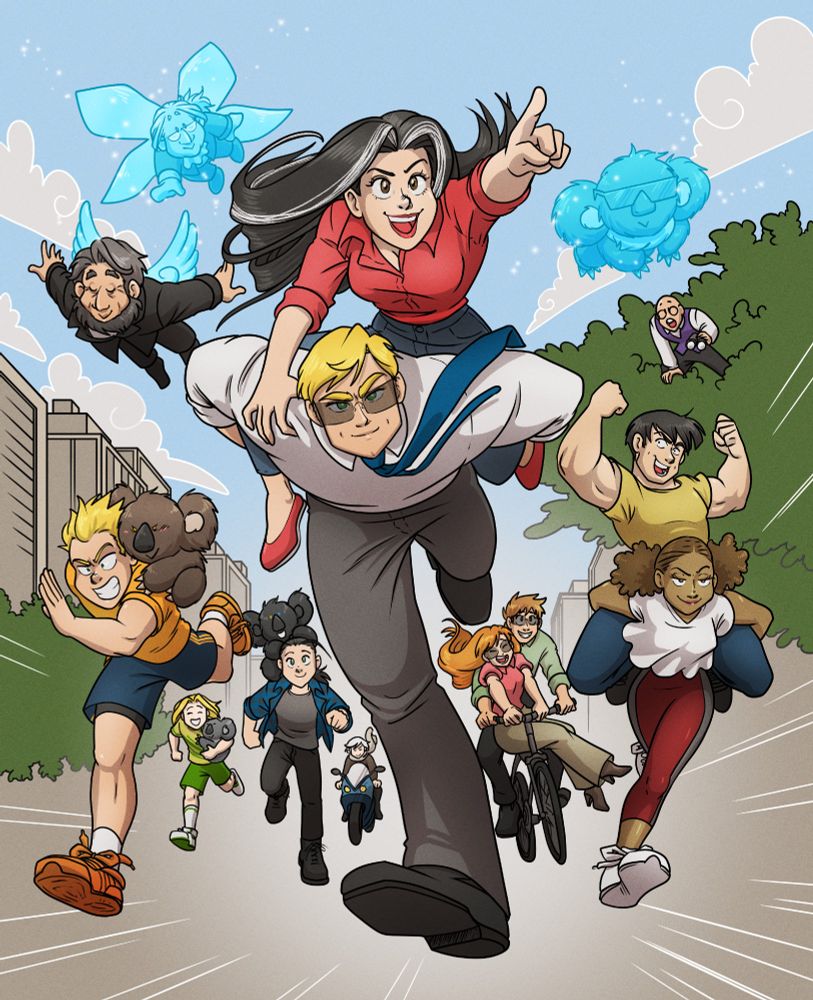 An illustration from A Girl and Her Fed. It's a piggyback running contest! Hope in riding Pat's back at the center of the frame. Their triplets and their respective talking koalas are with them. Avery is easily running with her boyfriend Tate on her back, like no big deal. In the back, Josh is cheating in a bicycle with Mare, and far waya is Rachel coming in a motorbike. There are the ghosts of Abraham Lincoln and Benjamin Franklin in one side, and of Speedy, the other talking koala on the other side. Poor Agent Smith has his jaw dropped in a tree.