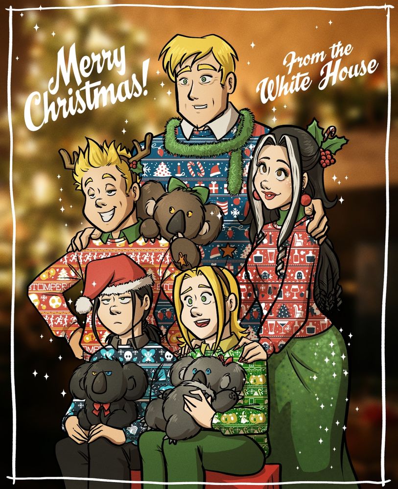 Pat, Hope, and the triplets Stomper, Thomas and Taro, with the three talking koalas. They're wearing ugly christmas sweaters and some head gears, and they look awfully awkward.