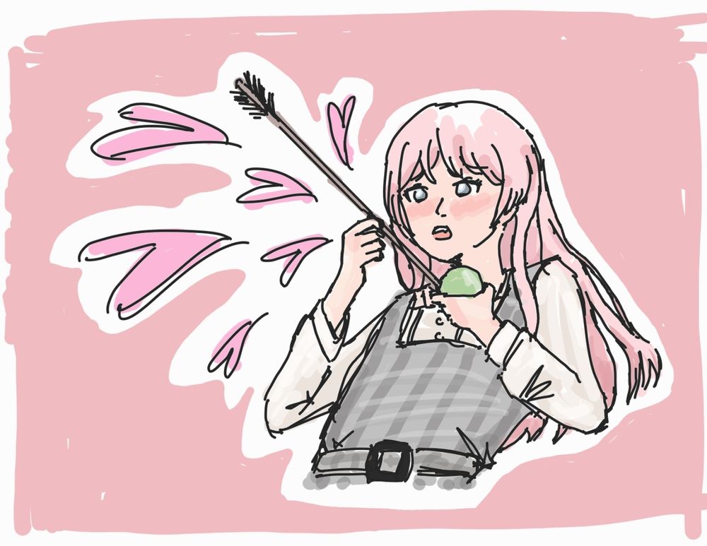 Drawing of Chihaya Anon as Chuu in Heart Attack MV. An arrow is shot into a green apple held against her chest.