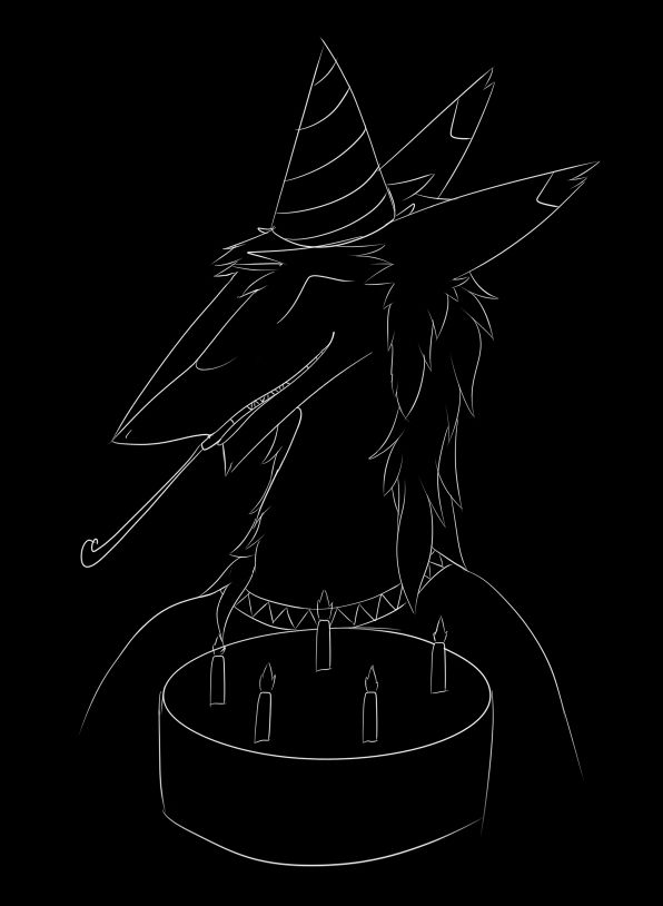 A quick black-and-white sketch of a smiling sergal with a party hat and blowing a party favor. In front of them is a cake with a couple of candles.