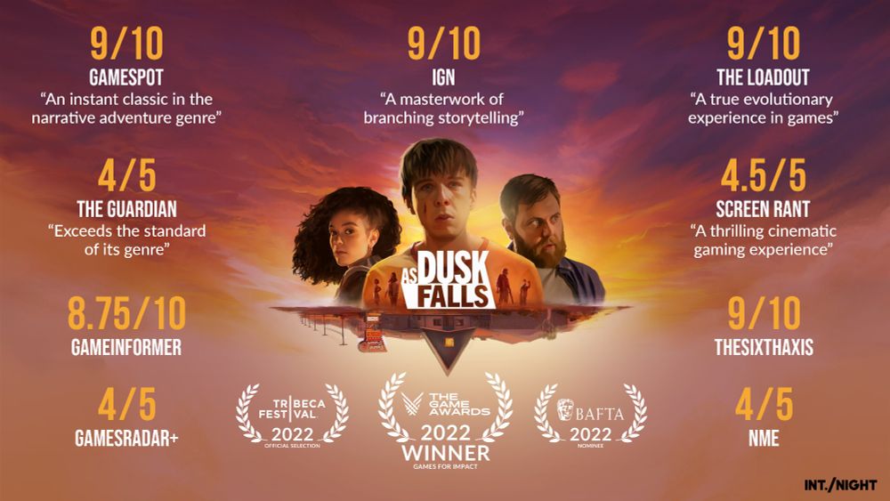 Accolade poster of As Dusk Falls, winner of Games for Impact at The Game Awards, 9/10 IGN, GameSpot, The SixthAxis