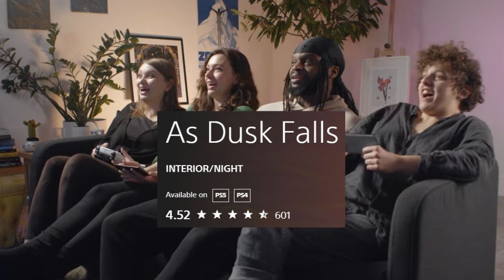 Capture from PS launch trailer of As Dusk Falls players. Includes screenshot of review stats: 601 reviews (4.52 star average)