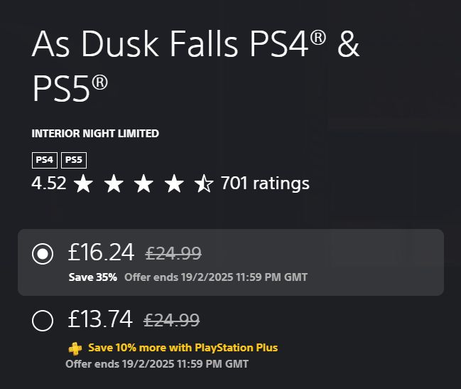 PlayStation store page for As Dusk Falls showing sale amount of 35% off and 45% off for PS Plus subscribers