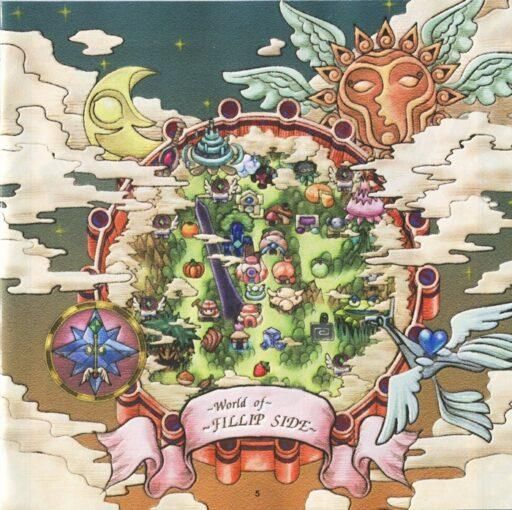 page from the instruction manual for Purumui Purumui (PS1), showing a world map of "World of Fillip Side" floating in the void, with sun, moon, and other entities floating around it.