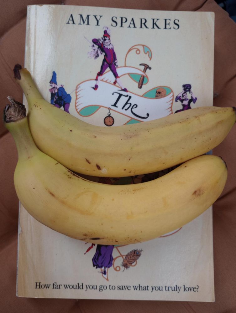 The novel of 'The Players Act 1: All The World's A Stage' by Amy Sparkes... partially obscured by two bananas. 